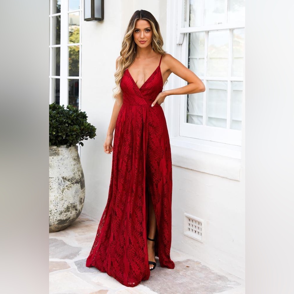 Hello, Molly Wine Lace Gown